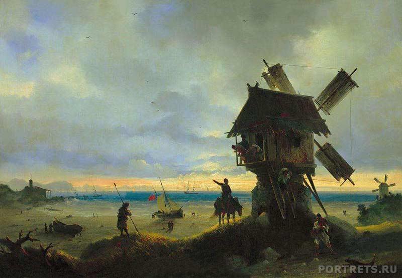 Айвазовский. Ветряная мельница на берегу моря. 1837