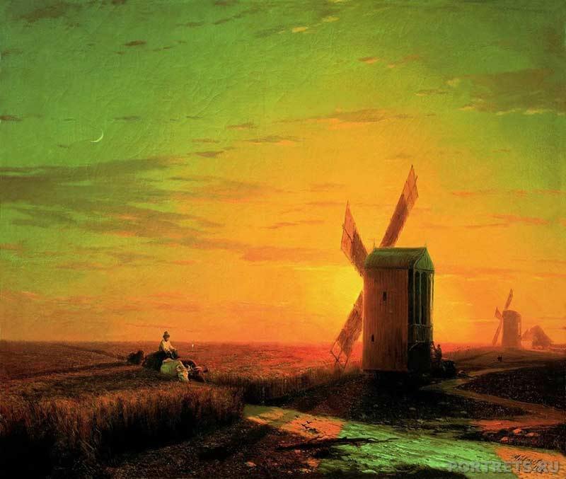 Айвазовский. Ветряные мельницы в украинской степи при закате солнца 1862