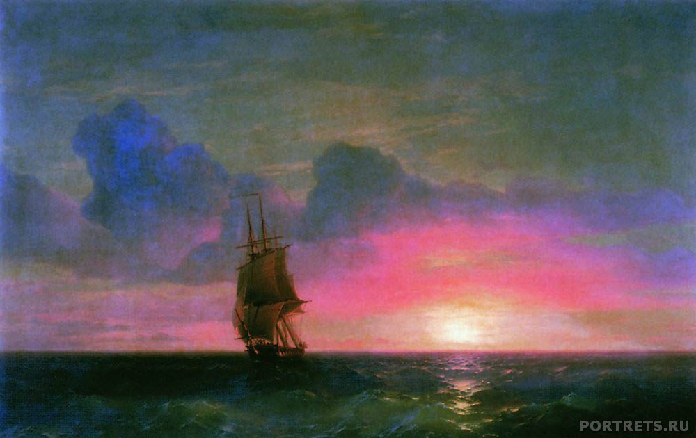 Айвазовский. Закат солнца. Одинокий парусник. 1853