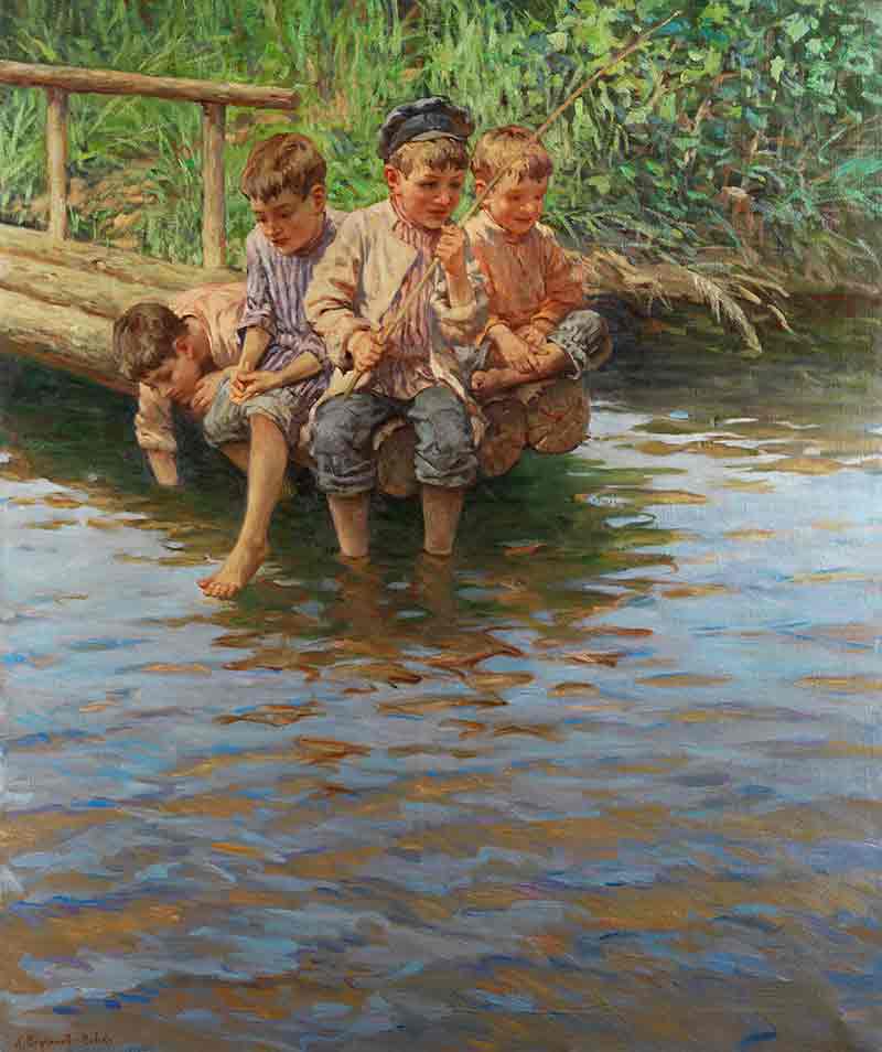 Четыре мальчика на берегу причала во время рыбалки. Богданов-Бельский