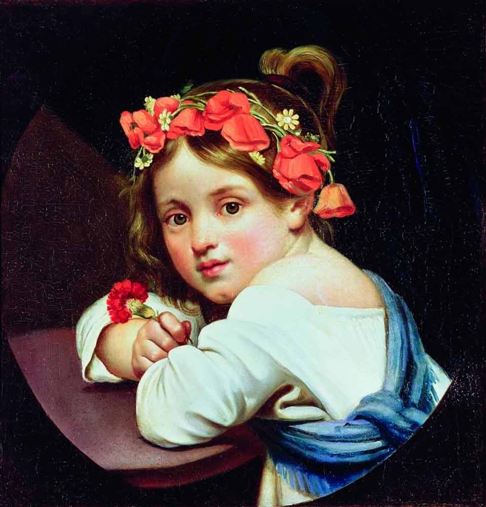 Портрет в образе по фото на холсте. Девочка прекрасного лица в венке маковом с цветочком в руке
