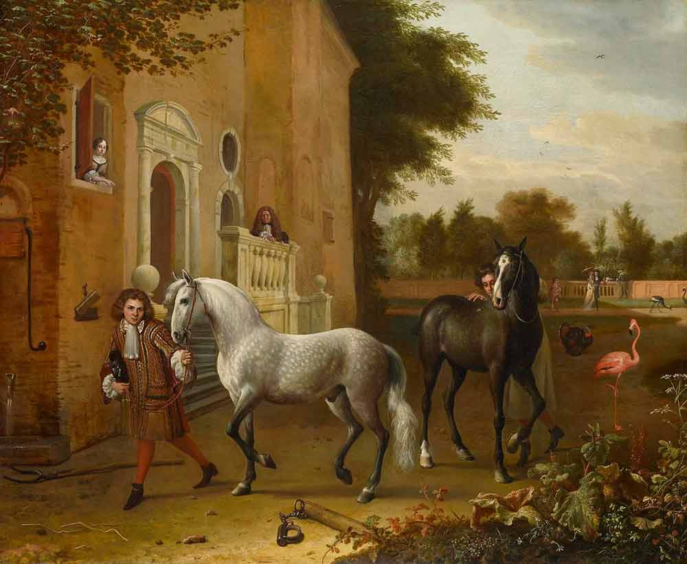 Картины лошадей. Конюхи с лошадьми, серый и темный залив, в замке Нейенроде