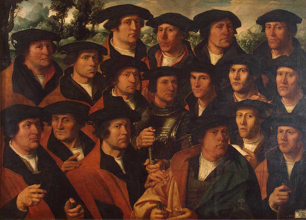 Групповой портрет в живописи. На картине Дирка Якобса показаны члены стрелковой гильдии