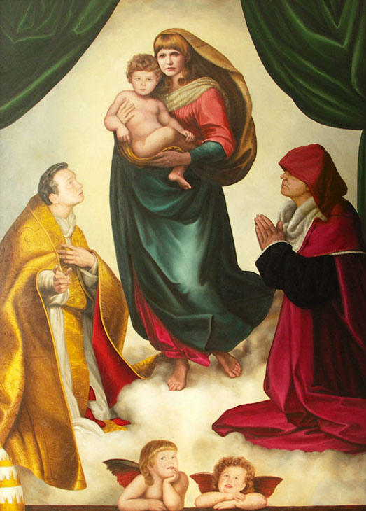 Портрет семьи из 6 человек по мотивам Секстинской мадонны Рафаэля. авторская копия, 170х120см.холст, масло 2000г.