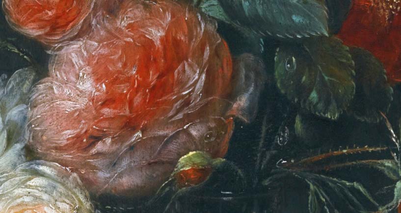Натюрморт из роз в стеклянной банке на каменном выступе с бабочкой. Фрагмент №1 Адриансен Александр