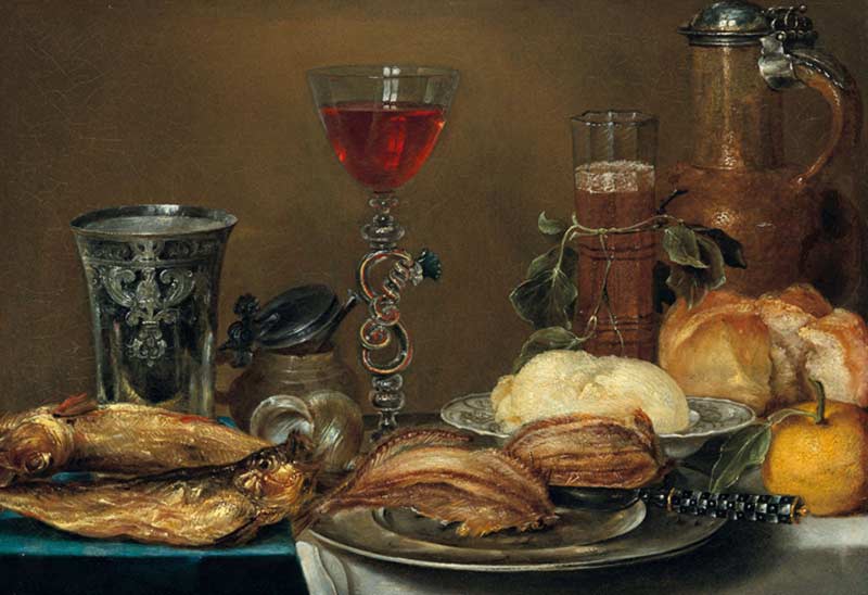 Адриансен Александр. Натюрморт на завтрак с рыбой, хлебом, маслом и лимоном перед кувшином, стаканами и серебряным стаканом