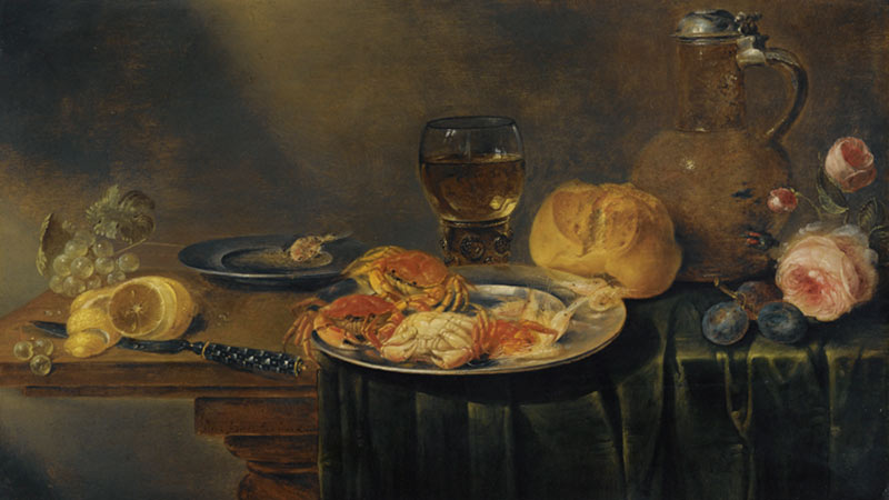 Адриансен Александр. Натюрморт с розами, кувшином, буханкой хлеба, наполненным винным бокалом, двумя тарелками с креветками и крабами, ножом, частично очищенным лимоном и виноградом на частично задрапированном столе