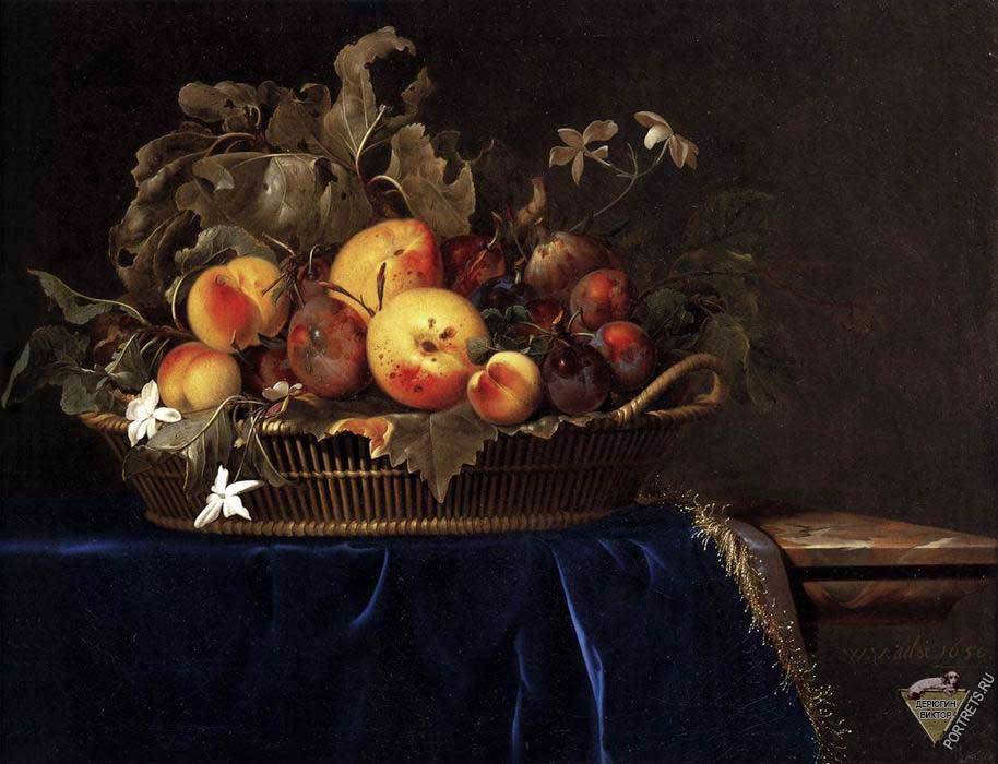 Картина на кухню. Натюрморт с корзиной фруктов на мраморном выступе