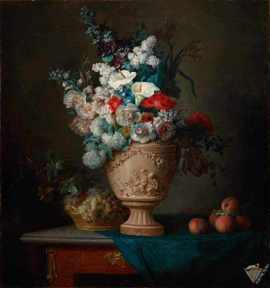 Натюрморты с цветами и фруктами. Букет цветов в терракотовой вазе с персиками и виноградом