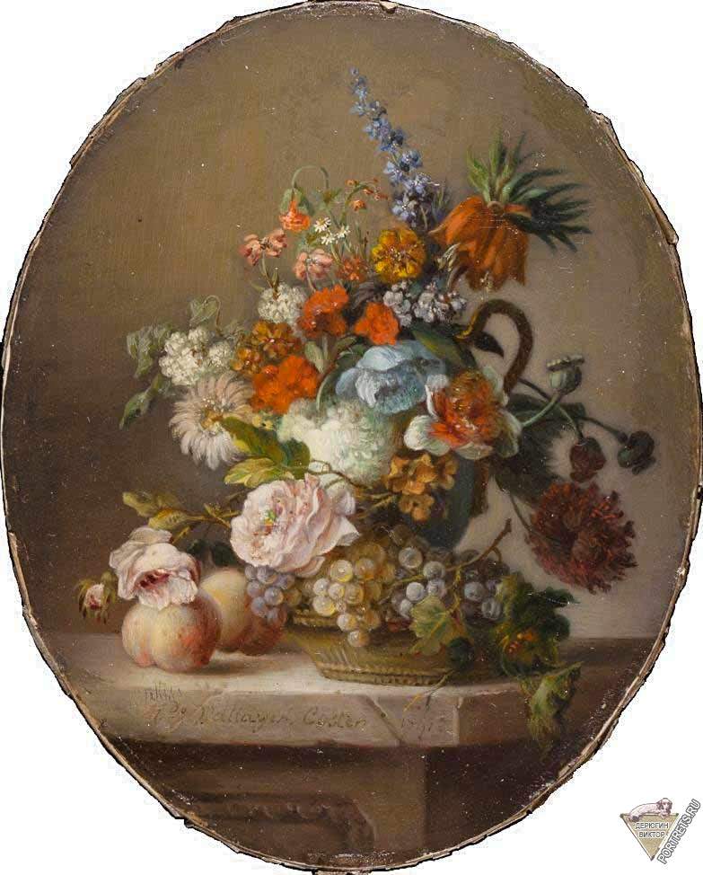 Натюрморты с цветами и фруктами. Миниатюрный натюрморт с цветами, персиками и корзиной с виноградом на каменном выступе
