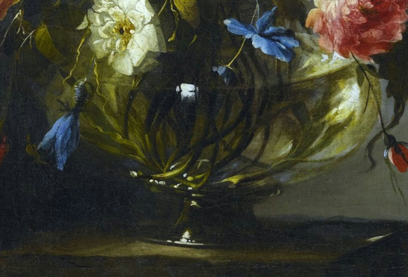 Натюрморт с розами, тигровыми тюльпанами, белой и голубой Аквилегией, пионами и дельфиниумом в стеклянной вазе. Фрагмент №2 Арельяно, Хуан де