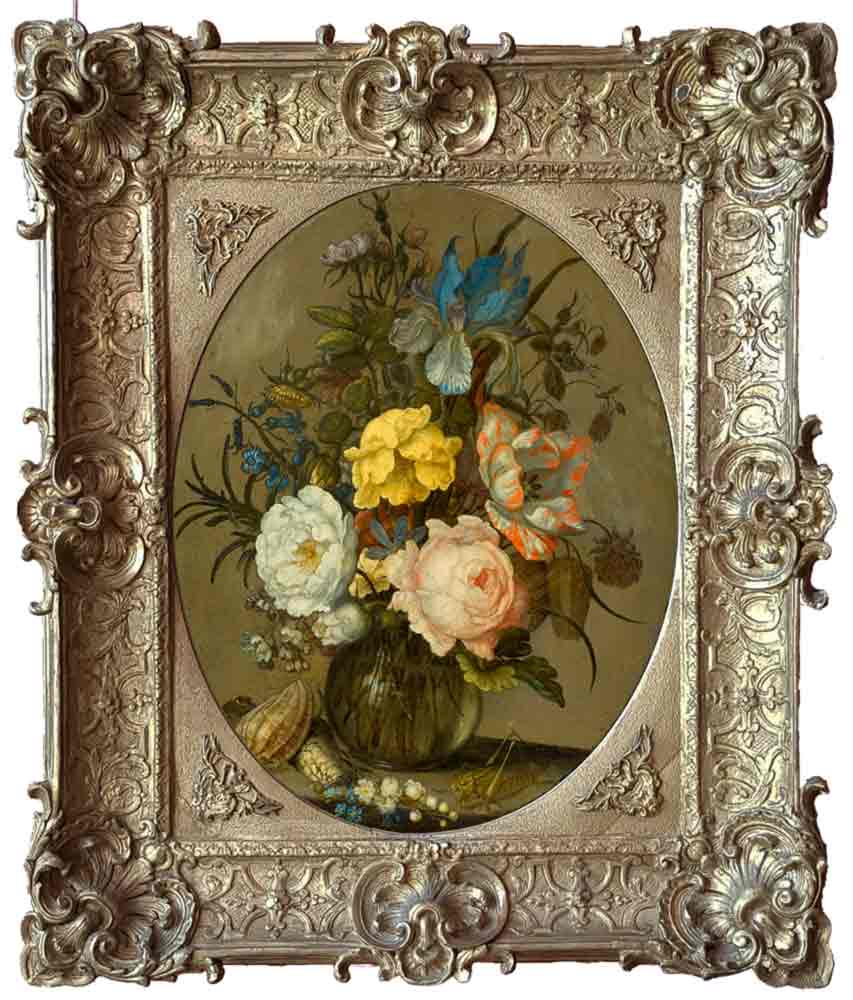 Аст, Бальтазар ван дер. Цветы в стеклянной вазе с ракушками и насекомым