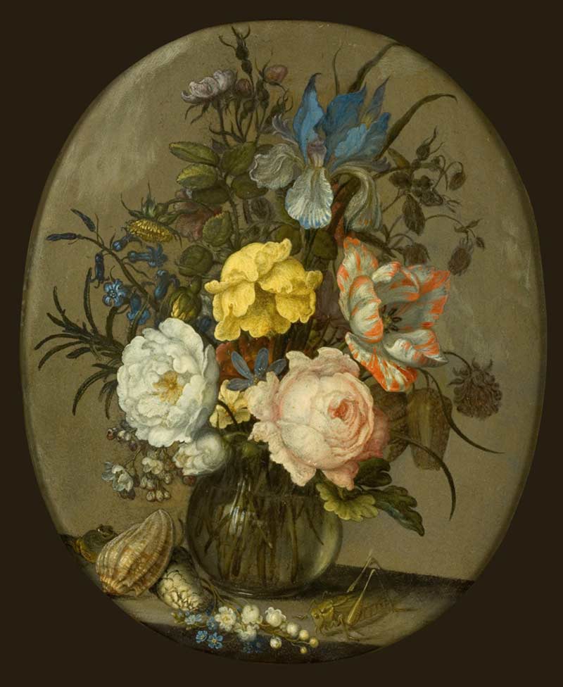 Цветы в стеклянной вазе с ракушками и насекомым. Аст, Бальтазар ван дер