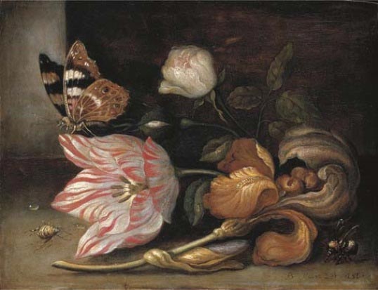Картины на заказ маслом на холсте. «Тюльпан, ирис, роза с бабочкой-репейницей и журчалкой»