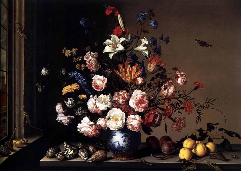 Натюрморты с цветами и фруктами. Ваза с цветами на окне