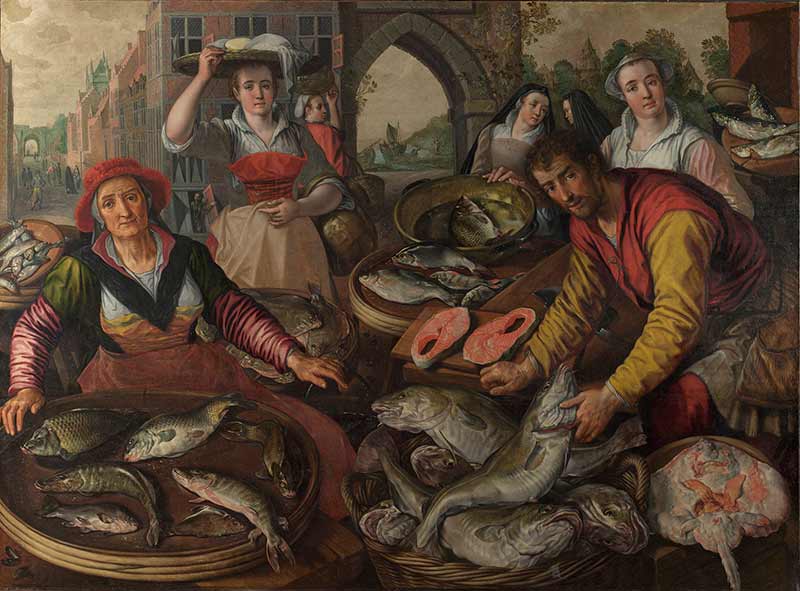 Лондонская Национальная Галерея. Картины. Бекелар, Иоахим. Рыбный рынок с чудесным уловом рыб на заднем плане