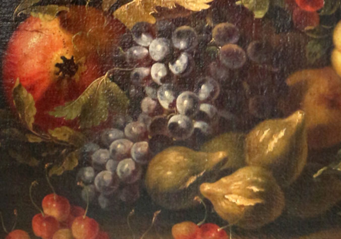 Натюрморт с гранатом, инжиром, вишней и виноградом на природе. Фрагмент №1 Беренц Кристиан