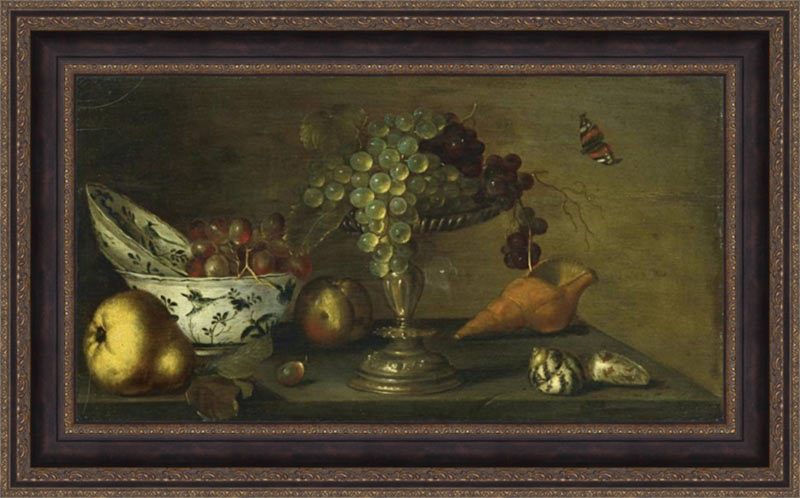 «Натюрморт с виноградом, ракушкой и грушей» в раме. Берг, Гиллис Гиллиссон де