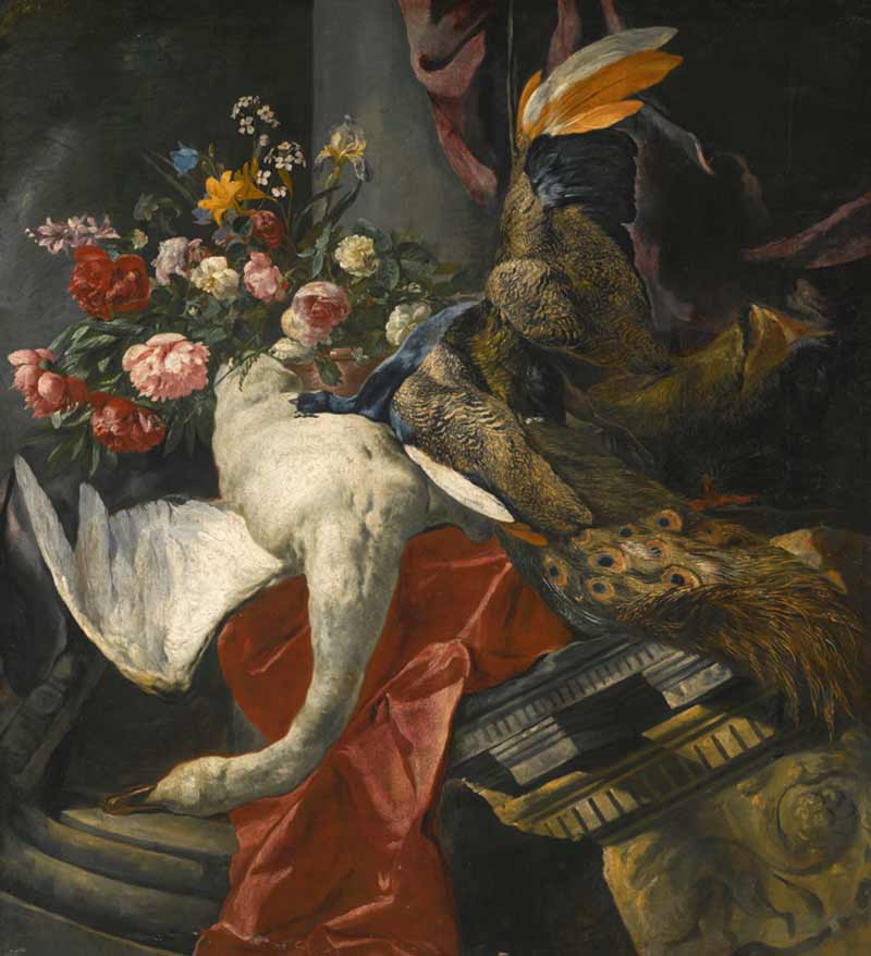 Натюрморт с пионами, розами и другими цветами в терракотовой вазе вместе с лебедем, павлином и головой кабана. Бол, Питер