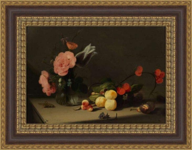 «Натюрморт с цветами и фруктами» в раме. Болонье, Ганс Гиллис