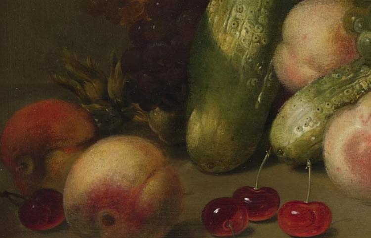Натюрморт с тыквой, персиками, виноградом, вишней и другими фруктами. Фрагмент №1 Болонье, Ганс Гиллис