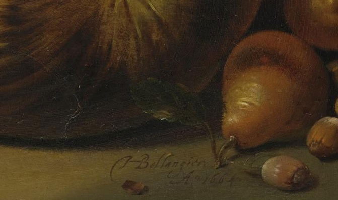 Натюрморт с тыквой, персиками, виноградом, вишней и другими фруктами. Фрагмент №3 Болонье, Ганс Гиллис