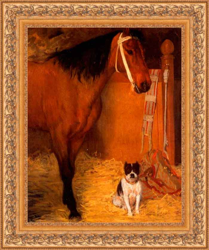 В конюшне, лошадь и собака. Дега Эдгар