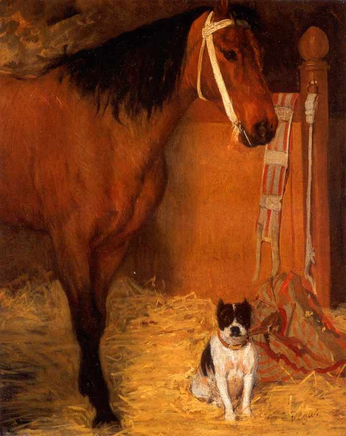 Картины лошадей. Дега Эдгар. В конюшне, лошадь и собака