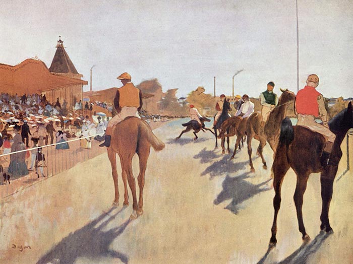 Скаковые лошади перед трибунами. Дега Эдгар