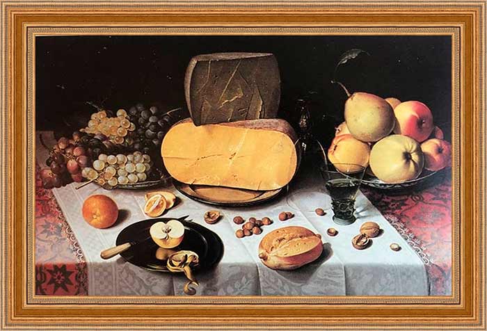 Накрытый стол с сыром, фруктами и беркемейером. Дейк Флорис ван