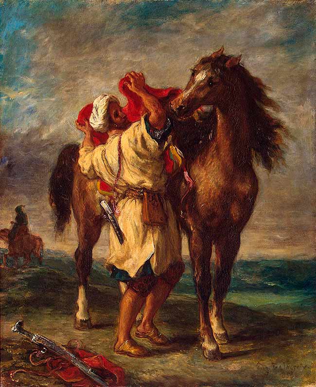 Картины лошадей. Эжен Делакруа. Араб оседлал свою лошадь