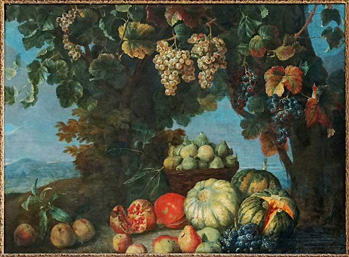 Натюрморт с фруктами и виноградом на фоне пейзажа. Депорт Франсуа