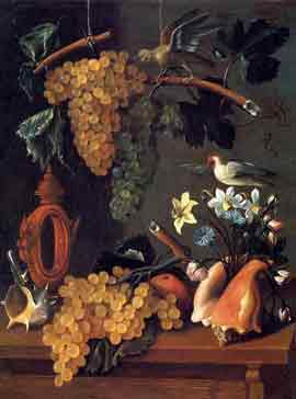 Эспиноса, Хуан де. Натюрморт с виноградом, цветами и ракушками