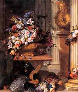 Фонтене, Жан-Батист Блин де. Цветы в золотой вазе, бюст Людовика XIV, рог изобилия и доспехи