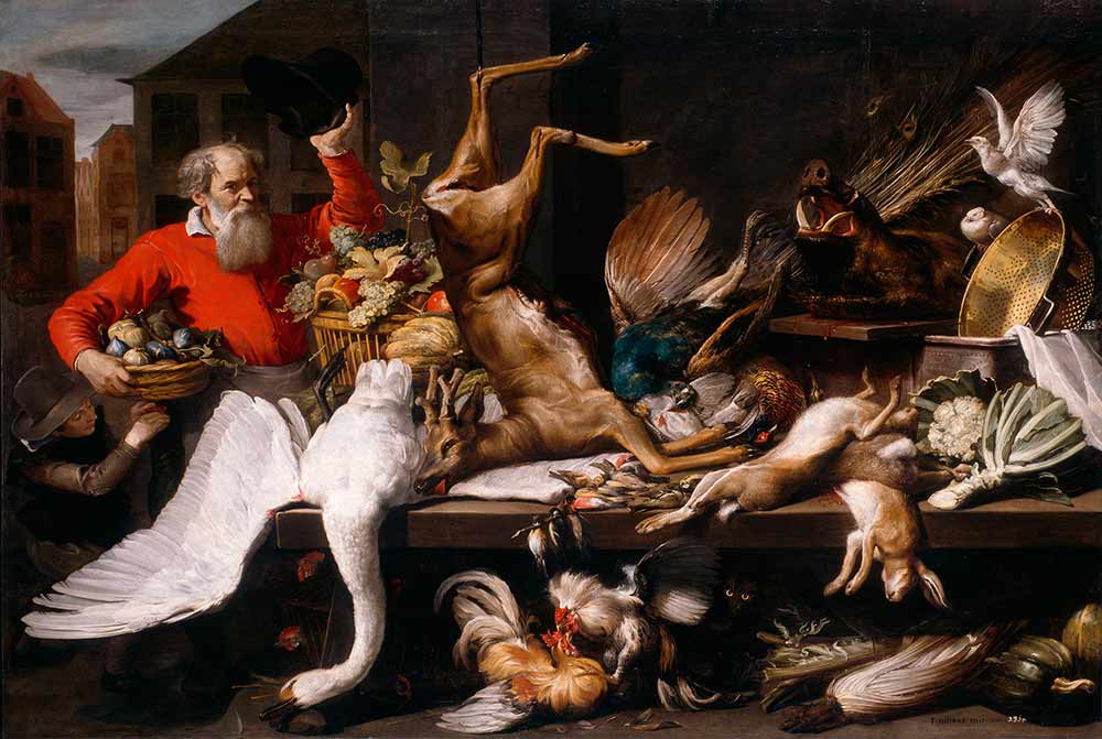 Натюрморт с мертвой дичью, фруктами и овощами на рынке