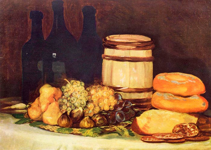 Натюрморт с фруктами, бутылками, хлебом. Гойя Франсиско