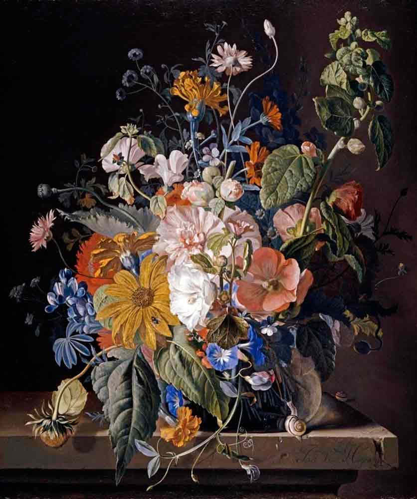Хейсум Ян ван картины. Цветочный натюрморт и улитки на каменном уступе