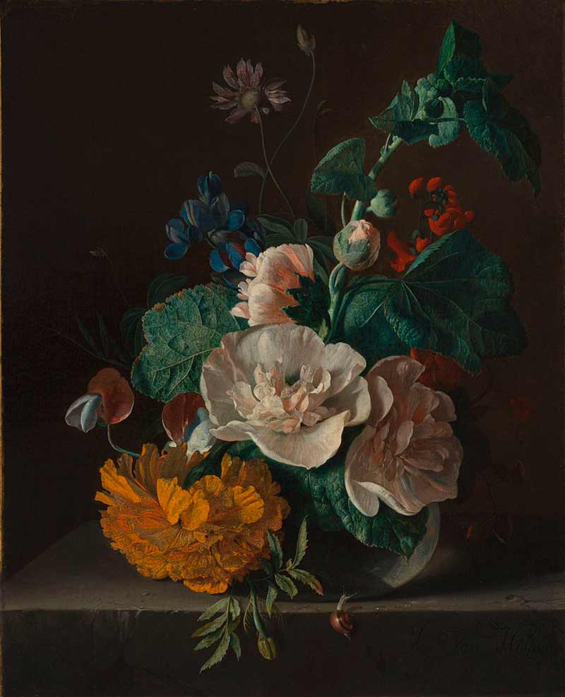 Хейсум Ян ван картины. Цветочный натюрморт с Холлихоком и Бархатцами