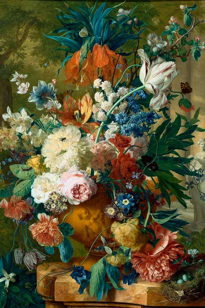 Хейсум Ян ван картины. Цветы в вазе с Императорской короной и цветком яблони наверху и статуей Флоры