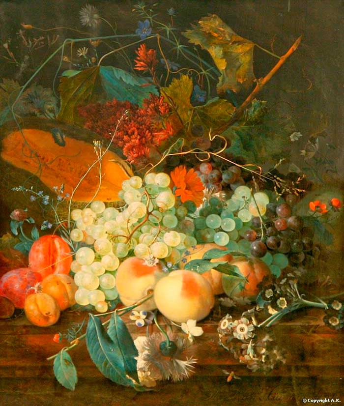 Хейсум Ян ван картины. Фрукты и цветы на мраморном столе