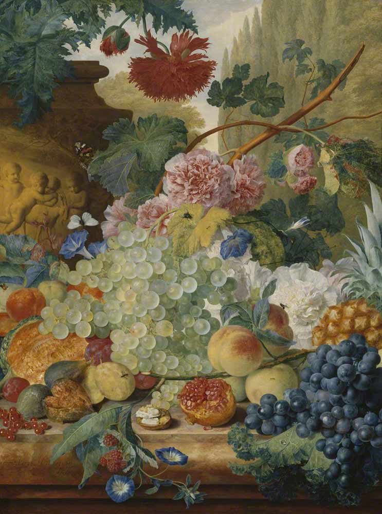 Картины на заказ на холсте. Хейсум Ян ван картины. Натюрморт с цветами и фруктами на уступе в парке