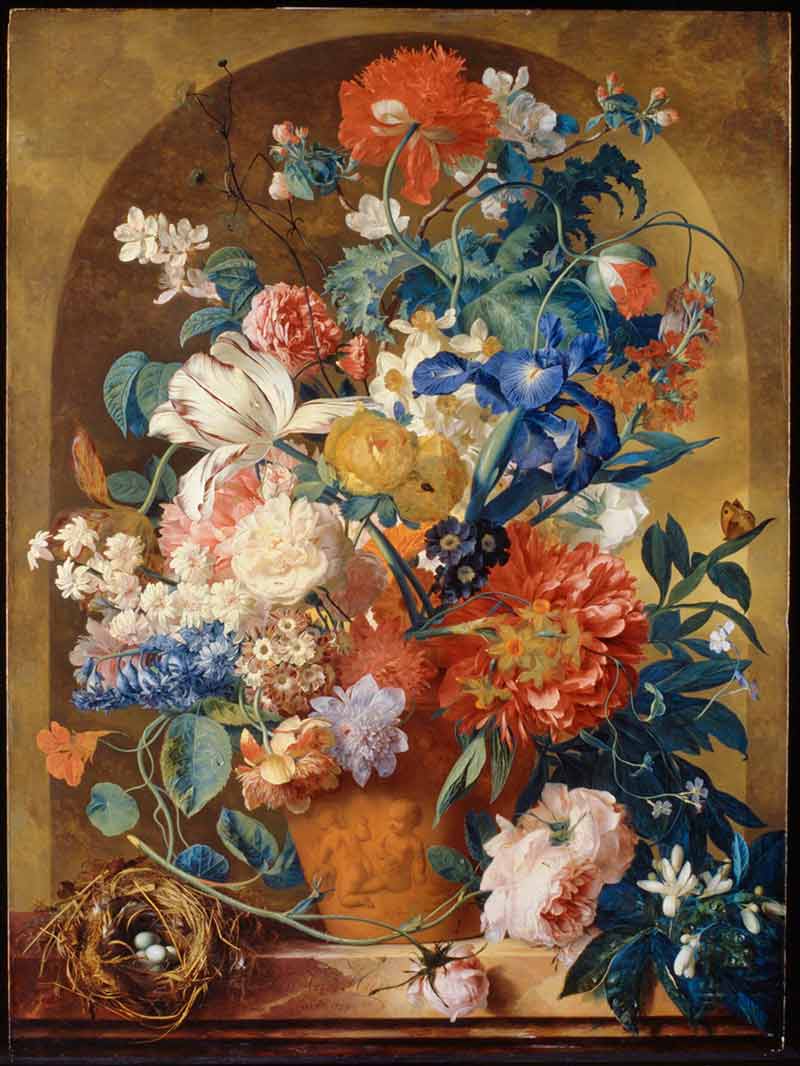 Хейсум Ян ван картины. Натюрморт с цветами в терракотовой вазе в нише