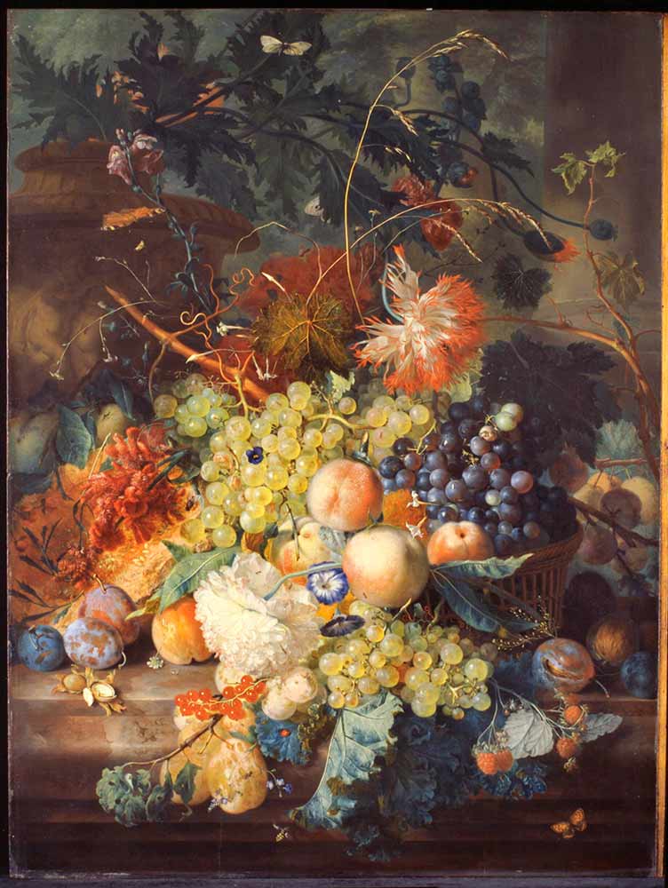 Хейсум Ян ван картины. Натюрморт с фруктами и цветами на мраморном выступе