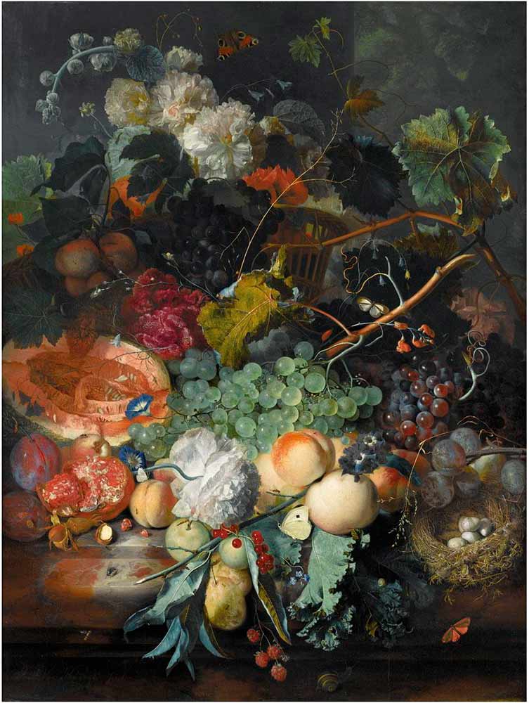 Хейсум Ян ван картины.  Натюрморт с фруктами на мраморном выступе, птичье гнездо справа и корзина цветов сверху, насекомые повсюду