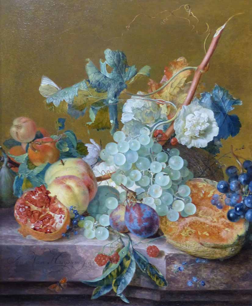 Хейсум Ян ван картины. Половина дыни, гранат и другие фрукты на мраморном столе