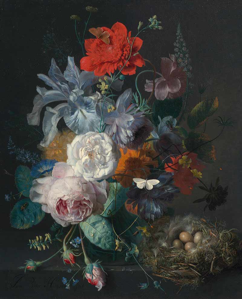 Хейсум Ян ван картины. Стеклянная ваза с цветами, маком и гнездом вьюрка