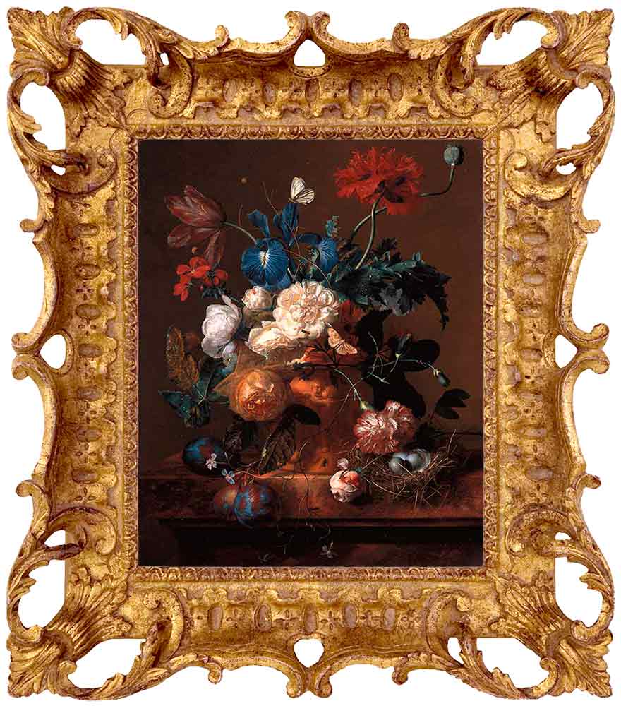Ваза с цветами в цветочном горшке и птичье гнездо на мраморном столе. Хейсум Ян ван