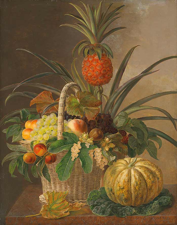 Йенсен Йохан Лауренс. Ананас, виноград, персики, орехи и ягоды в корзине, на мраморном столе