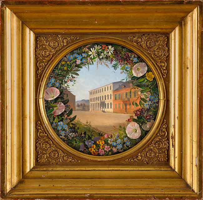 Цветочная гирлянда и вид на дворец с рамой. Йенсен Йохан Лауренс