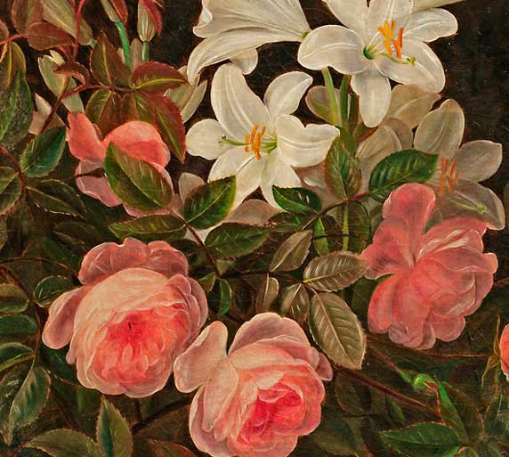 Цветочный натюрморт с розами и лилиями (фрагмент картины). Йенсен Йохан Лауренс